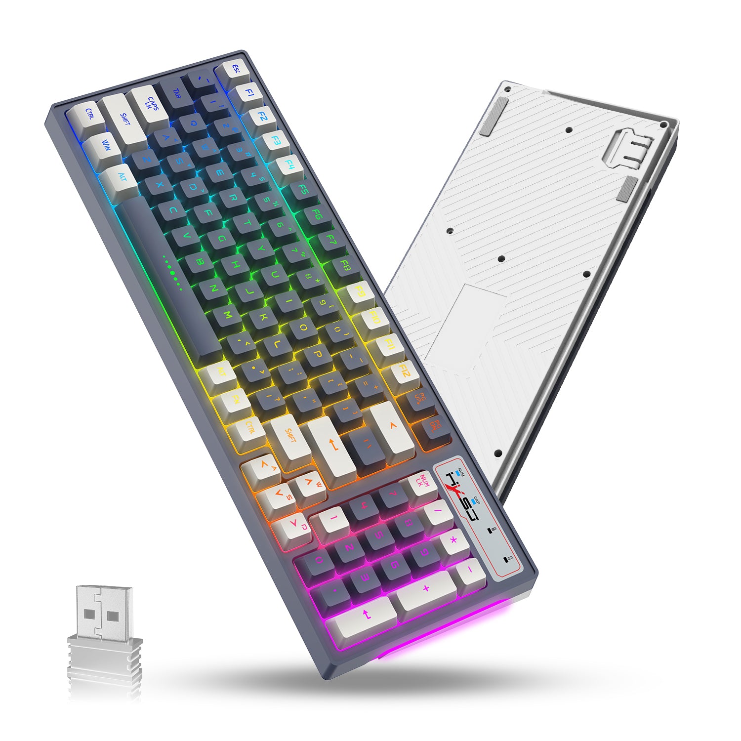 HXSJ L900 Wireless Gaming Keyboard, 2.4G Rechargeable Keyboard, 96-Key Compact-LG915, White Gray Mixed Color Keycaps,12 RGB Backlit, Full Anti-ghosting, Mechanical Feel for PC, Mac, PS4, Xbox