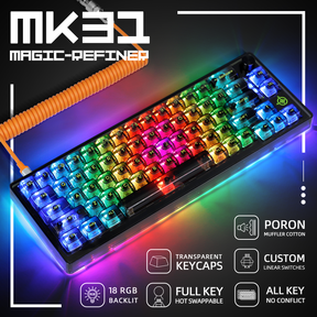 MAGIC-REFINER MK31 Wired Mechanical Gaming Transparent Keyboard, Hot Swappable, Coiled USB-C Cable, Linear Switch, Volume Knob