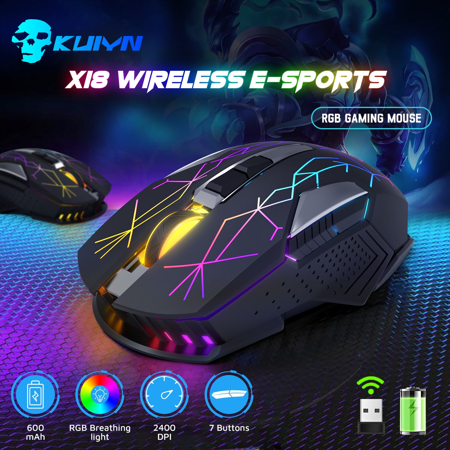 ZIYOU LANG X18 Wireless Gaming Mouse 2.4G, Rechargable-XG502, 600mAh Ultra-Long Life, 7 RGB Light, 2400 DPI, Intelligent Power Saving, Silent Click, USB Receiver, Optical, for PC/Mac/PS4/XBOX (Black)