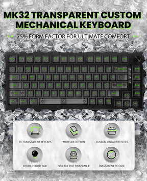 MAGIC-REFINER MK32 Wired Mechanical Gaming Transparent Keyboard, Hot Swappable, Coiled USB-C Cable, Linear Switch, Volume Knob