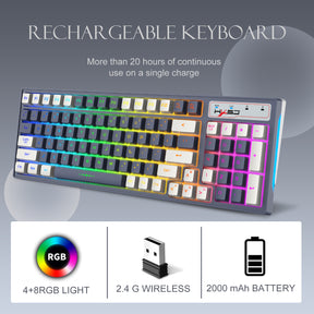 HXSJ L900 Wireless Gaming Keyboard, 2.4G Rechargeable Keyboard, 96-Key Compact-LG915, White Gray Mixed Color Keycaps,12 RGB Backlit, Full Anti-ghosting, Mechanical Feel for PC, Mac, PS4, Xbox