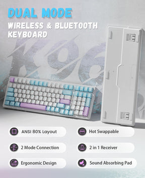 K96 Wireless Mechanical Keyboard,BT/2.4Ghz,Type C/USB A 2-in-1 Receiver,Hot Swap,100 Key Compact 96% Layout,with Numpad,Red Switch