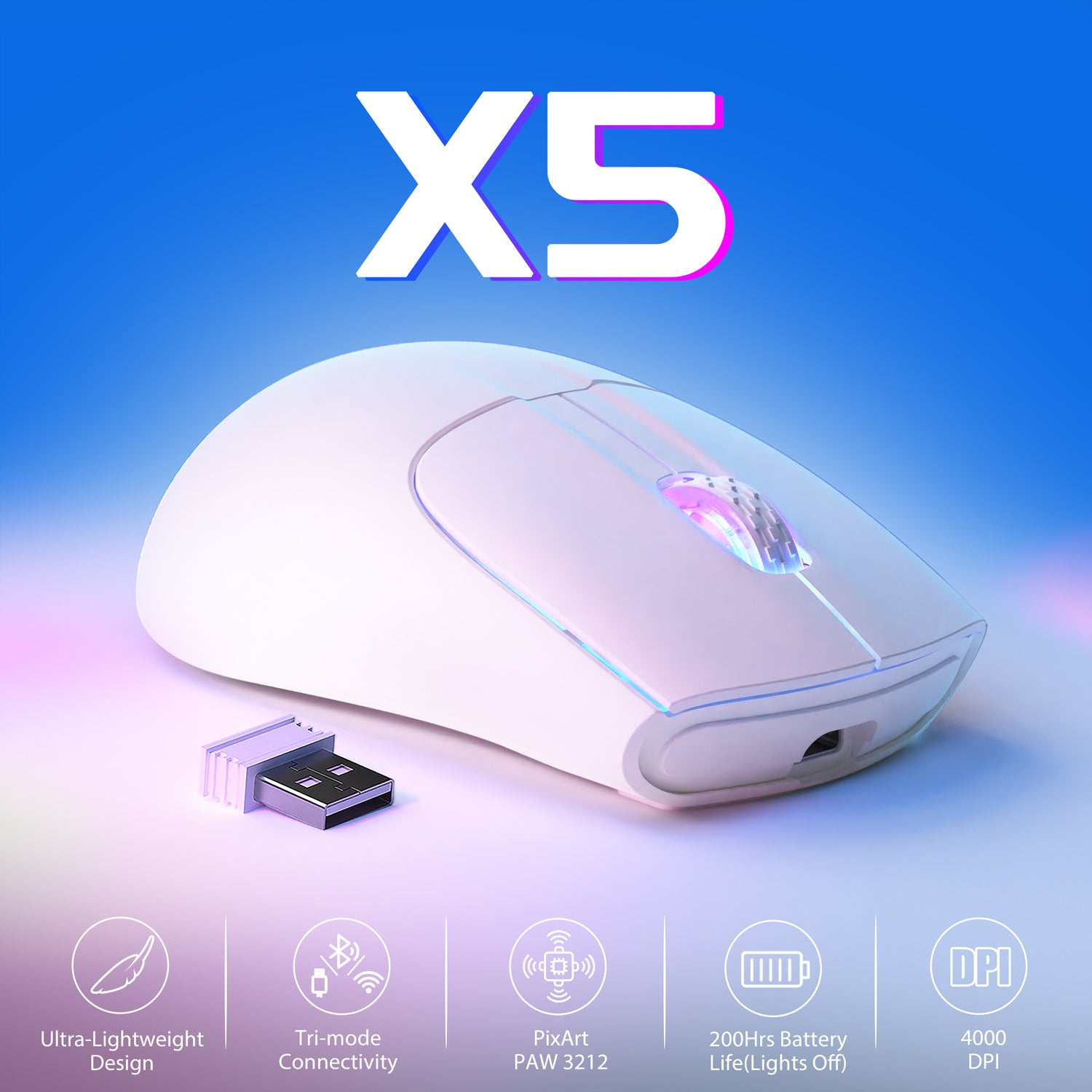ATTACK SHARK X5 Wireless Gaming Mouse, 49g Ultralight Tri-mode 2.4Ghz/USB-C Wired/Bluetooth, 4000DPI RGB Backlit Mouse for Win/MAC