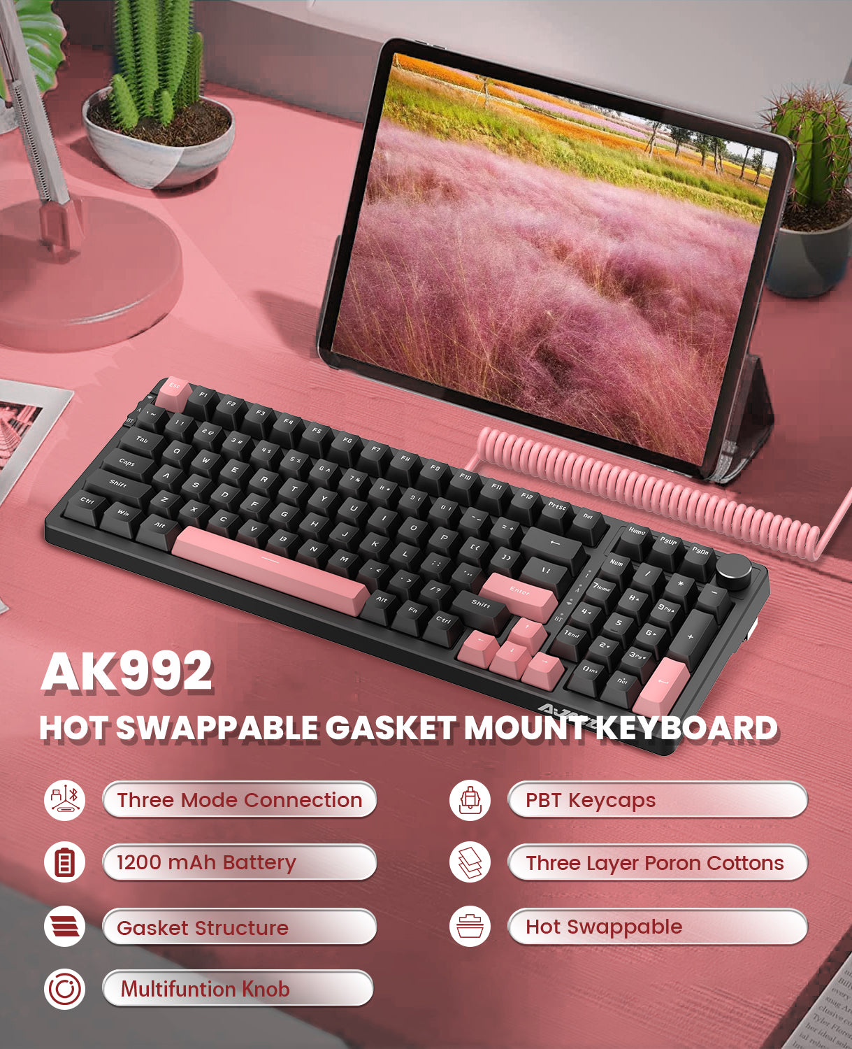 AJAZZ 96% Hot-swappable Gasket Mechanical Gaming Keyboard with Custom Coiled USB C Cable, 1400 mAh Triple Mode 2.4G/BT5.1/ Wired 99Keys with Knob