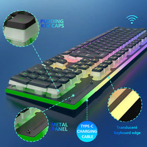 HXSJ L96 Wireless Keyboard Mouse Combo, 3000mAh Rechargeable RGB Full Size Keyboard with Pudding Keycaps +4800DPI Optical Mice, Mechanical Feel Keyboard and Mouse Set for PC Gamer
