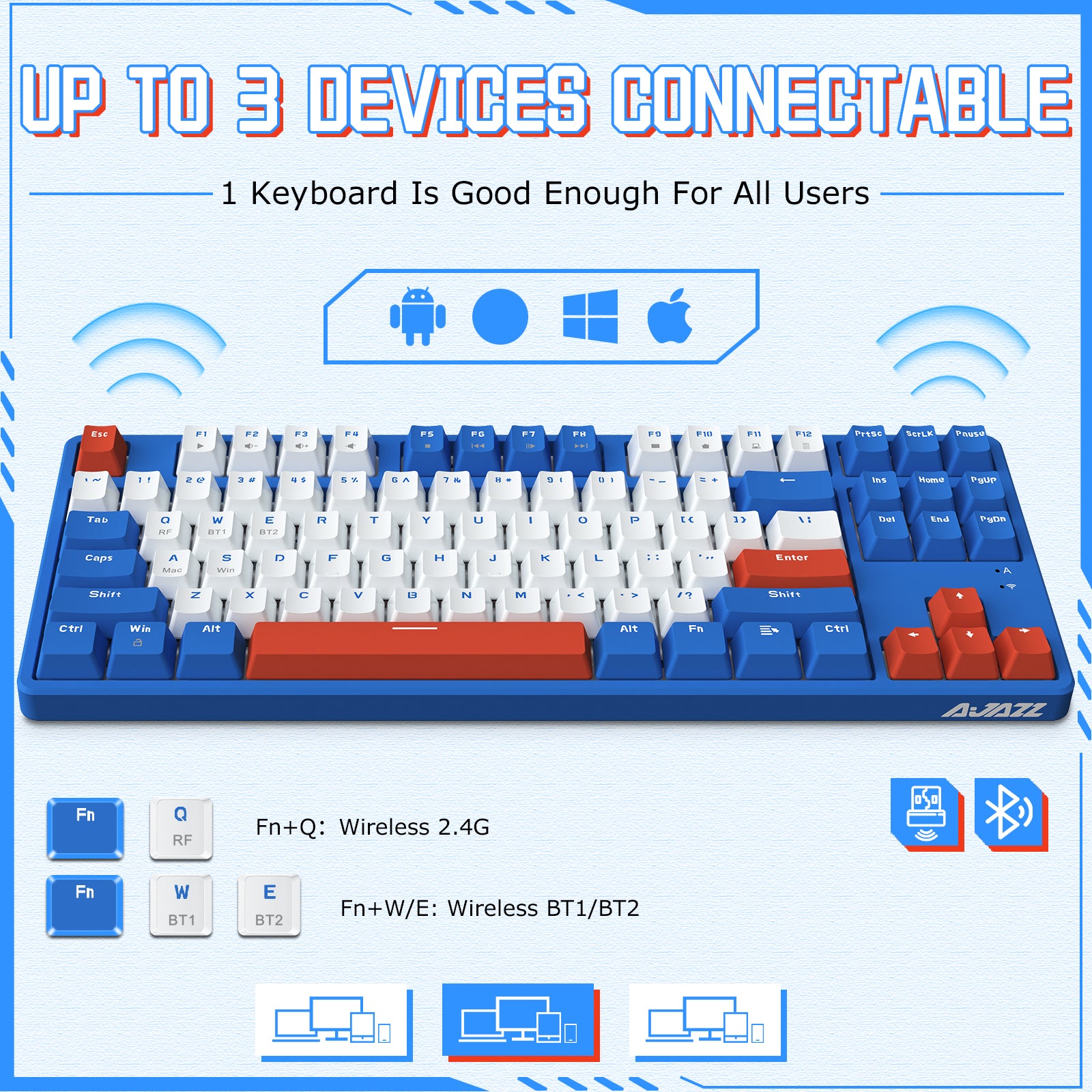 AJAZZ AK871 75% Wireless Gaming Keyboard, BT5.0/2.4G Dual Mode, TKL 87 Keys Hot-Swap Mechanical Keyboard, No Backlit For Win/Mac