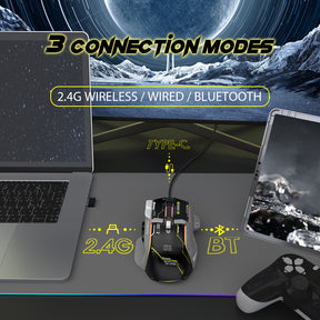 KUIYN G6 Tri Mode Mouse, Type-C Wired 2.4G Wireless Bluetooth Mouse with 11 RGB Backlit, Mechanical Gaming Mouse with 10 Buttons & Fire Button, Adjustable DPI, for Windows MAC Laptop PC
