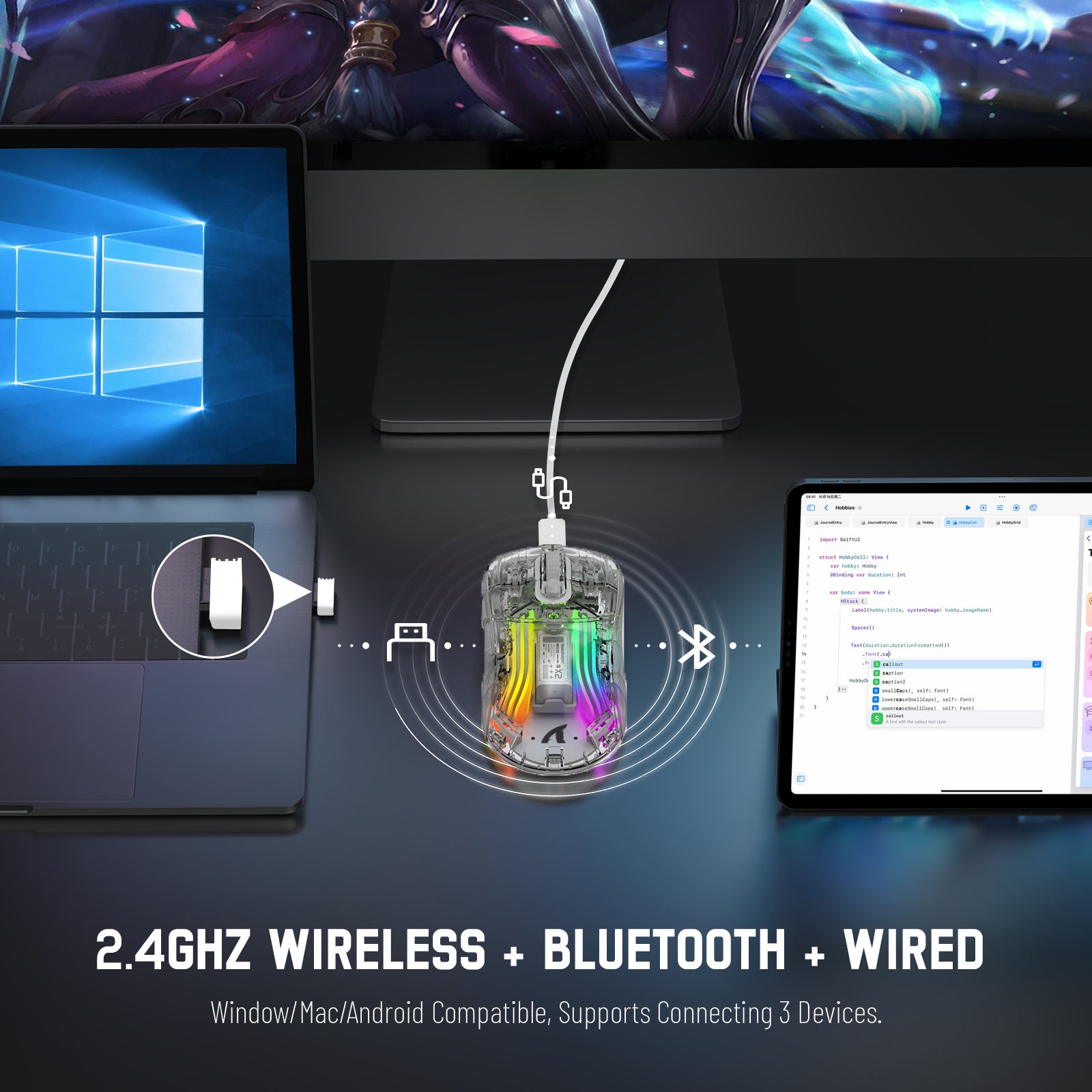 ATTACK SHARK X2 Wireless Transparent Gaming Mouse, Tri-Mode(2.4Ghz, Bluetooth 5.0, USB C Wired), PixArt 3212-RGB Backlit-2400DPI