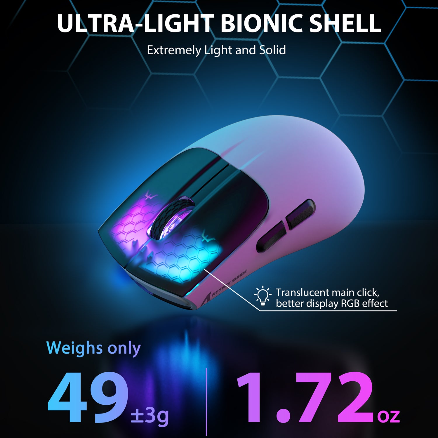 ATTACK SHARK X5 Wireless Gaming Mouse, 49g Ultralight Tri-mode 2.4Ghz/USB-C Wired/Bluetooth, 4000DPI RGB Backlit Mouse for Win/MAC