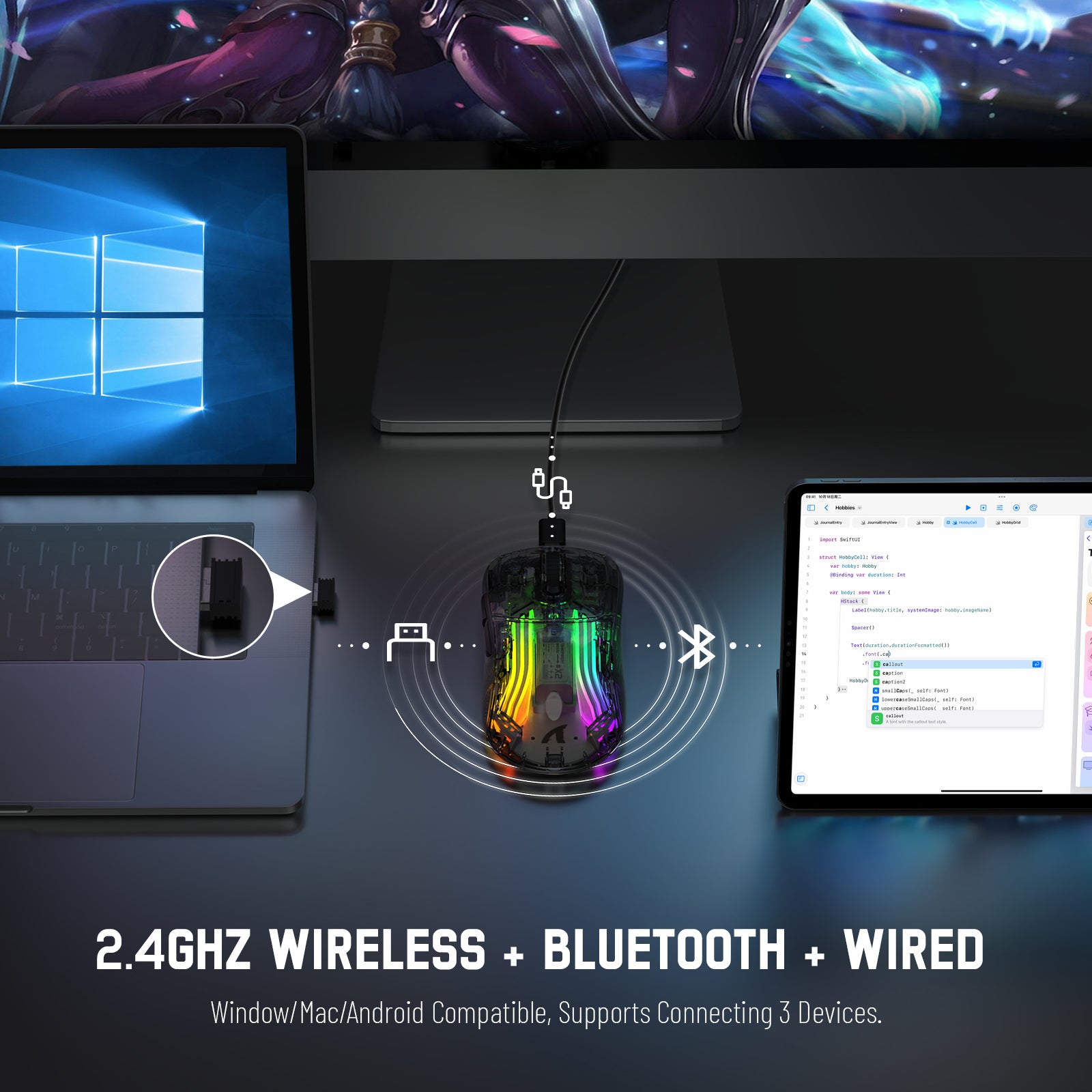 ATTACK SHARK X2 Wireless Transparent Gaming Mouse, Tri-Mode(2.4Ghz, Bluetooth 5.0, USB C Wired), PixArt 3212-RGB Backlit-2400DPI