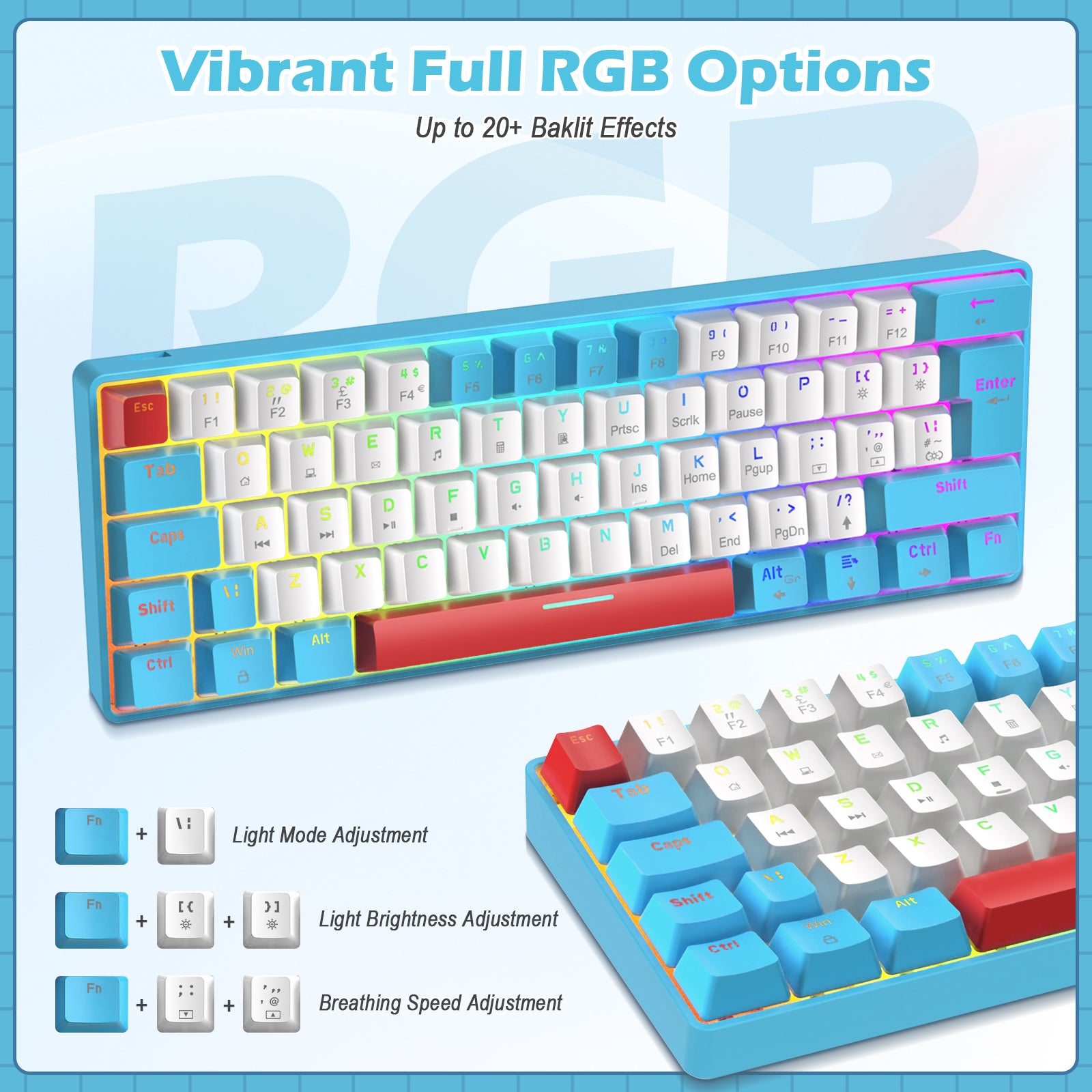 T60Pro Wired Gaming Keyboard and Mouse Set, Compact 60% UK Layout Light Up Mechanical Keyboard, Coiled USB C Cable, 6400dpi RGB Mice