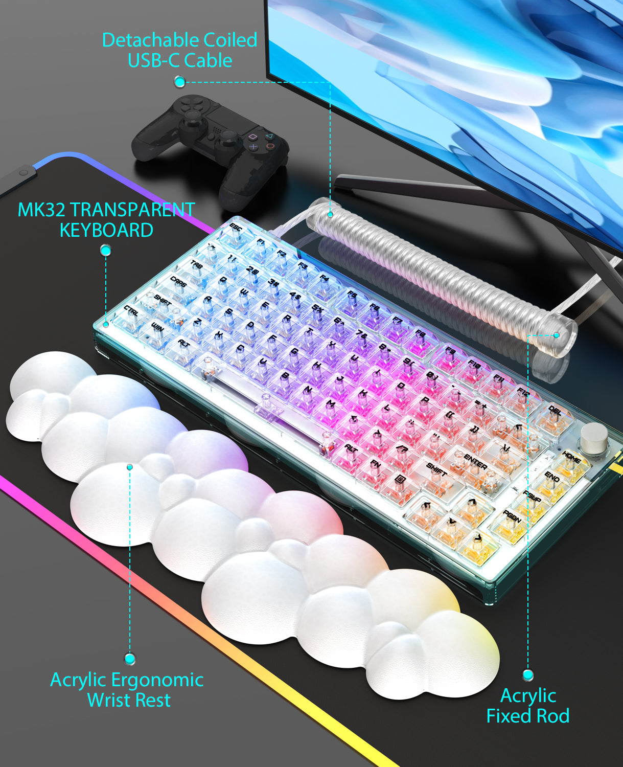 MAGIC-REFINER MK32 Wired Mechanical Gaming Transparent Keyboard, Hot Swappable, Coiled USB-C Cable, Linear Switch, Volume Knob
