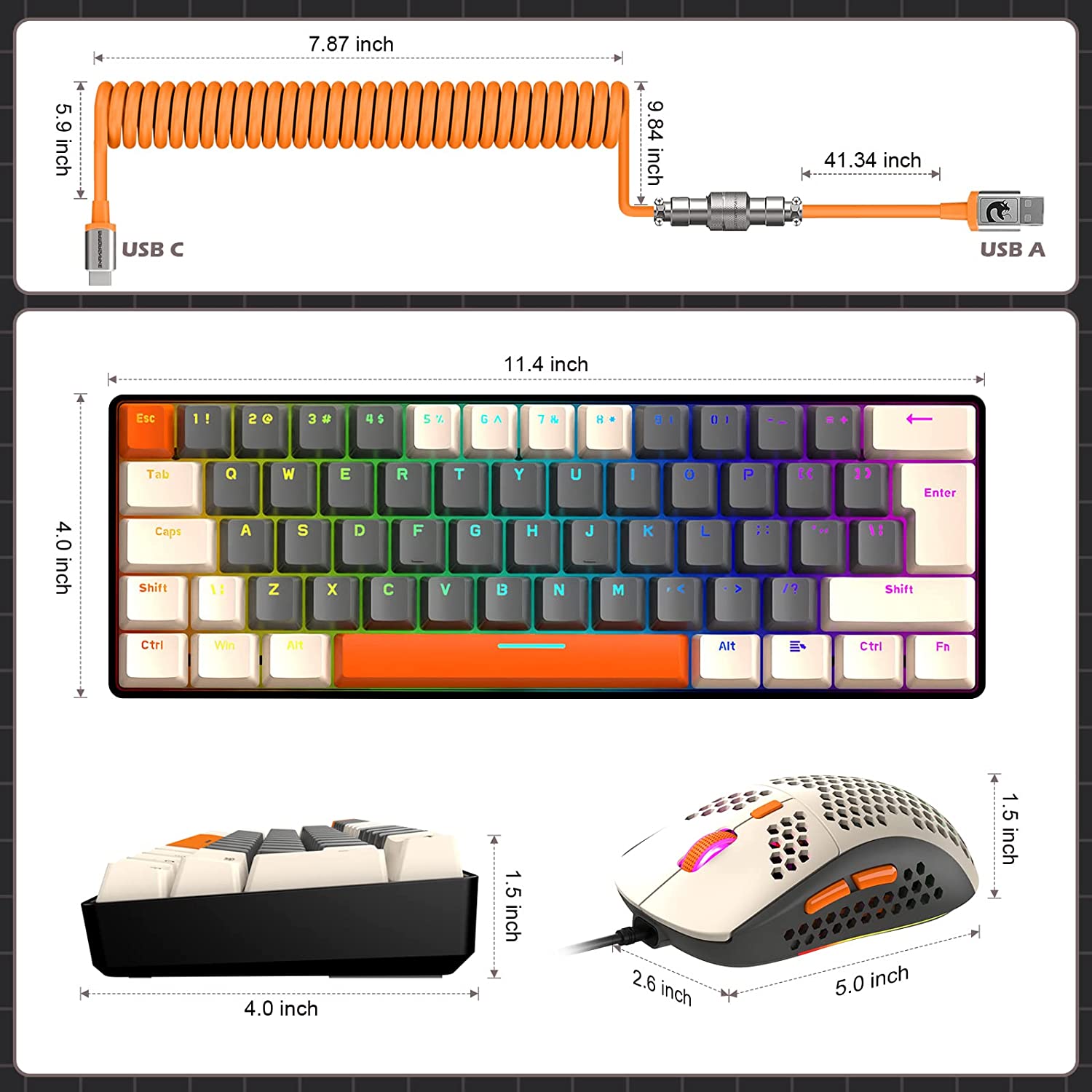 T60Pro Wired Gaming Keyboard and Mouse Set, Compact 60% UK Layout Light Up Mechanical Keyboard, Coiled USB C Cable, 6400dpi RGB Mice