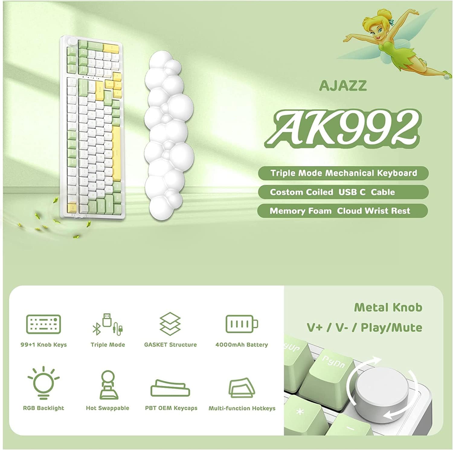 AJAZZ AK992 Hotswap Mechanical Keyboard,LIGHTSYNC RGB,4000mAh Battery,2.4Ghz/BT5.0/Wired, GASKET Mount ,99 Key with Volume Knob,PBT Keycaps for Win/Mac