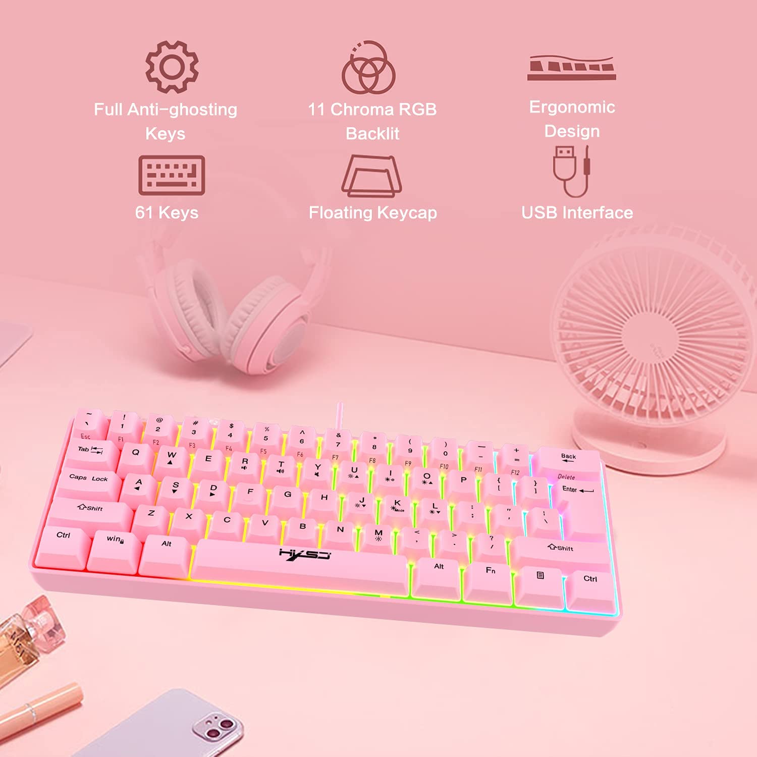 HXSJ V700 60% Gaming Keyboard, 61 Keys Portable Mini Compact Keyboard, 11 RGB Illuminated LED Backlit Waterproof Keyboard