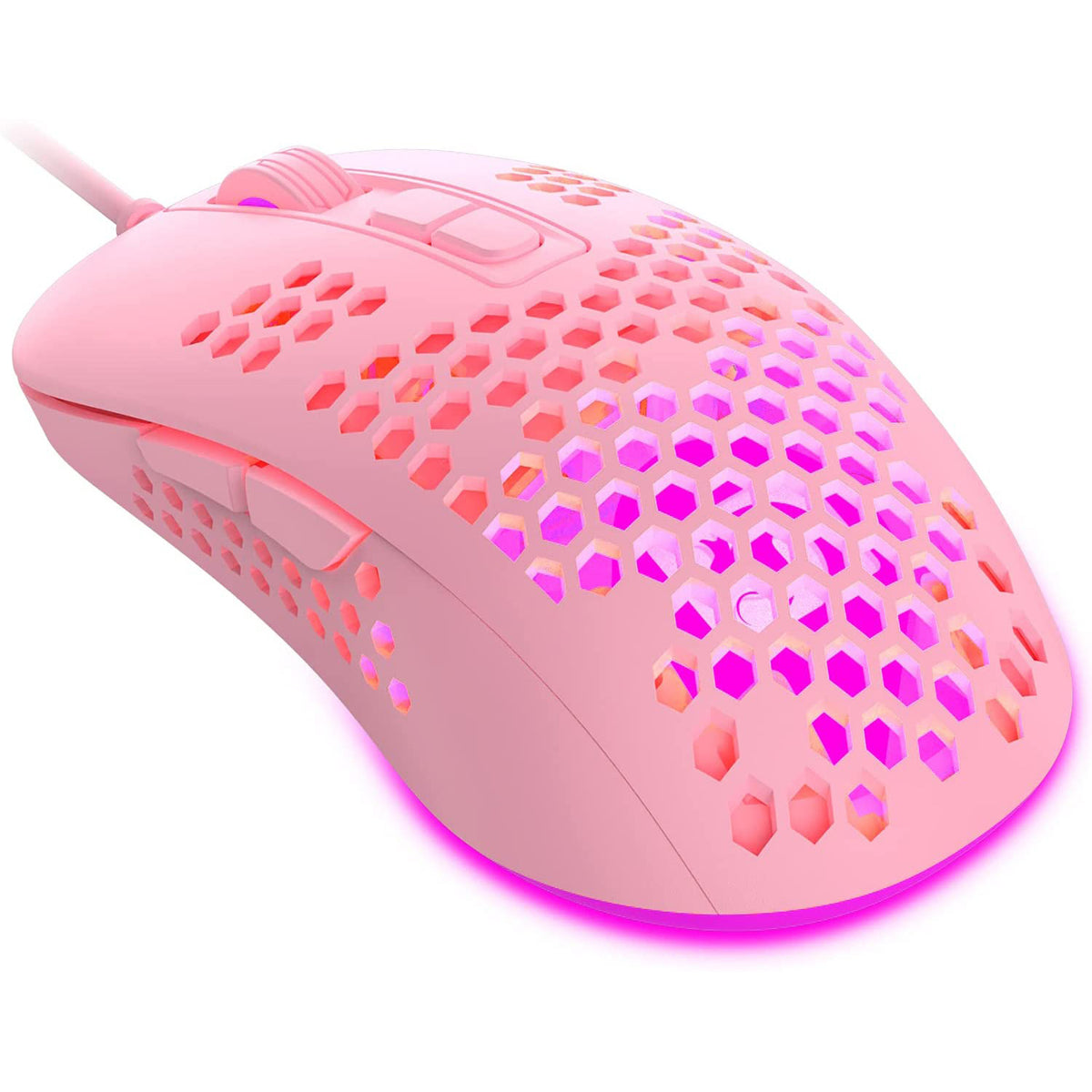 Leichte Gaming-Maus mit Kabel, optische USB-Computermäuse mit RGB-Hintergrundbeleuchtung, 4 einstellbare DPI bis zu 2400, ergonomische Gamer-Laptop-PC-Maus mit Wabenschale für Windows 7/8/10/XP Vista Linux – Pink