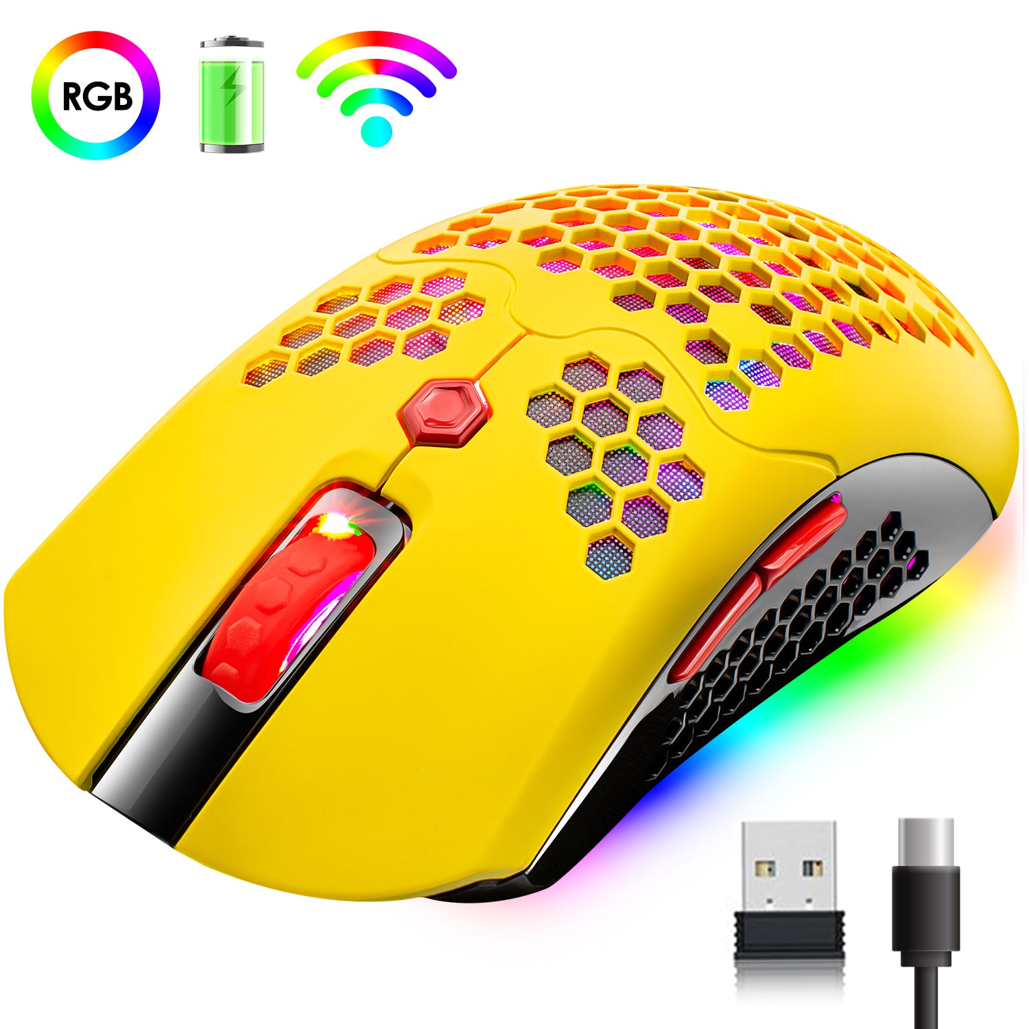 Ratón inalámbrico para juegos, 16 ratones inalámbricos/con cable retroiluminados RGB ultraligeros con controlador programable, batería recargable de 800 mA, Pixart 3325 12000 DPI, carcasa de nido de abeja liviana para PC Gamer