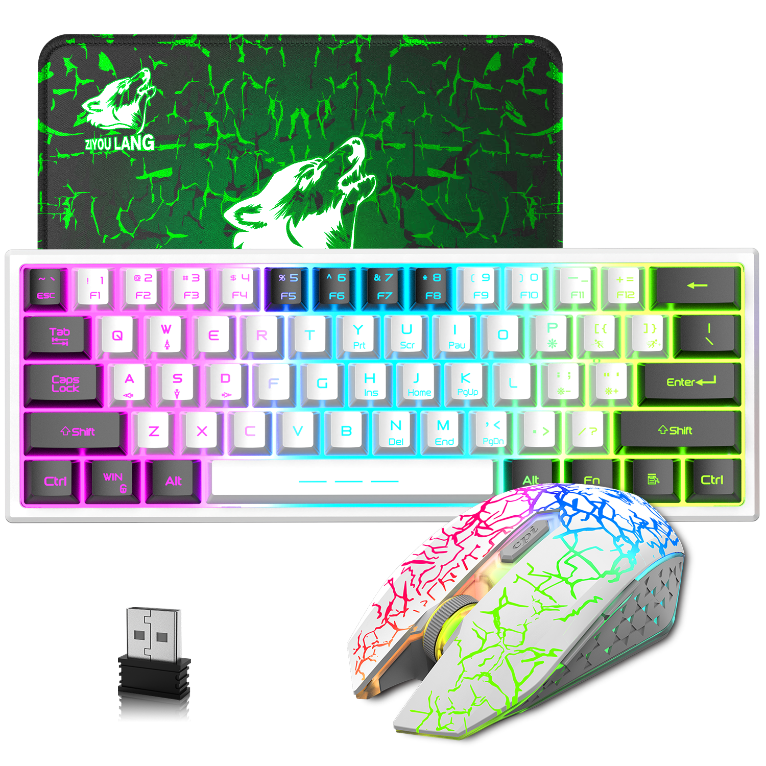 ZIYOU LANG T61 60% Ultra Compact Wireless Gaming Keyboard and Mouse Set with Mousepad 2400 DPI Rainbow Backlit 3800 mAh Rechargeable