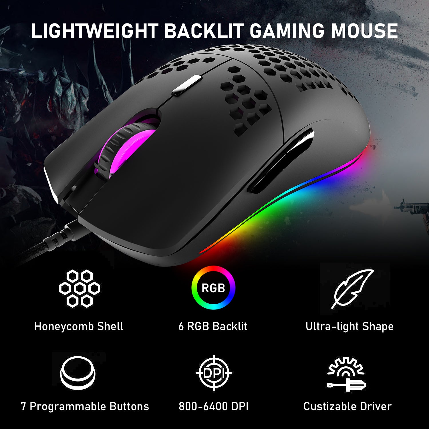 Kabelgebundene leichte Gaming-Maus, 6 RGB-Maus mit Hintergrundbeleuchtung und programmierbarem Treiber mit 7 Tasten, 6400 DPI Computermaus, Ultraleichte Ultraweave-Kabelmaus mit Wabenschale für PC-Gamer, Xbox, PS4 (Blau)