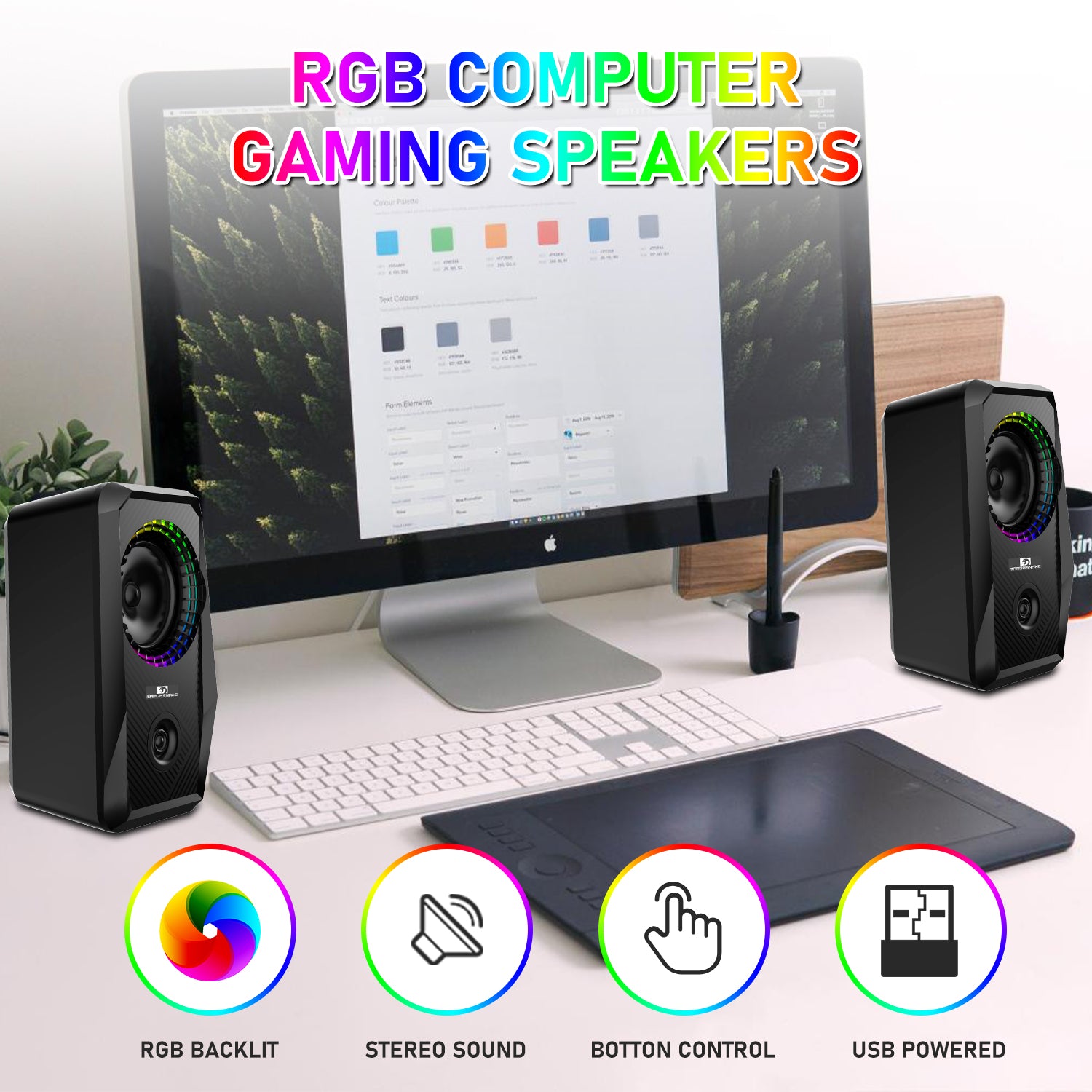 MAMBASNAKE CS-326 Wired RGB Gaming Speaker for PC 2.0 USB Powered Stereo Volume Contro, 6 LED Backlit Modes, USB Powered 3.5mm Aux Portable