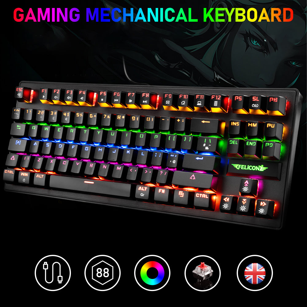 FELiCON K2 Wired 80% Percent Mechanical Gaming Keyboard UK Layout Rainbow Light Up Keyboard Compact 88 Keys Ergonomic for PC Mac
