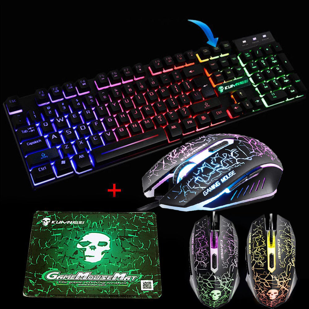 KUIYN T6 Wired Mechanical Feel Gaming Keyboard Rainbow LED 104 Keys USB illuminated light up+2400DPI 6 Buttons Optical Gaming Mouse Mice+Mouse Pad