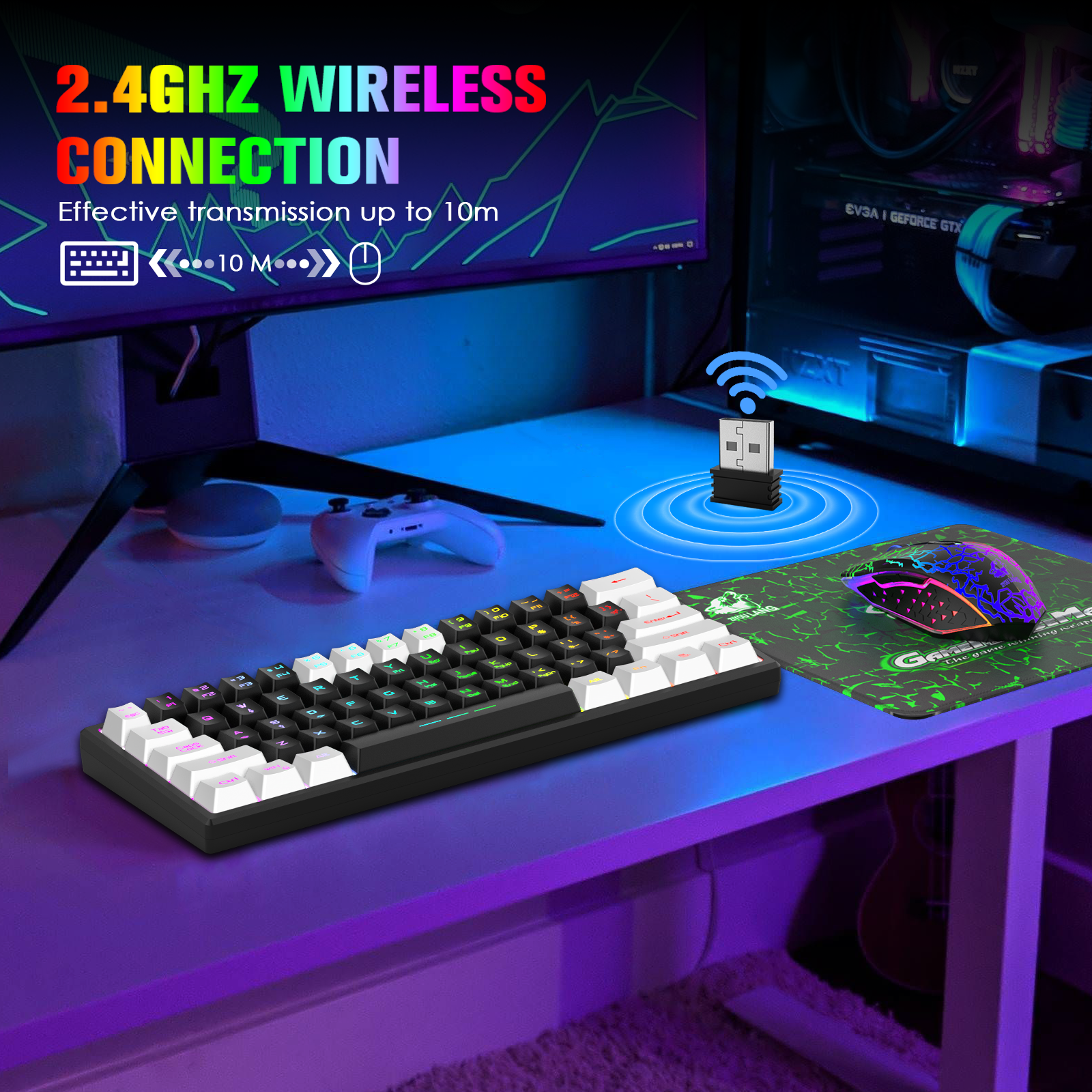 Combinazione mouse e tastiera da gioco wireless, tastiera retroilluminata arcobaleno a 61 tasti con 4000 mAh ricaricabile, sensazione meccanica, mouse e tappetino per mouse ergonomici, silenziosi, RGB muti per PS4, Xbox One, desktop, PC