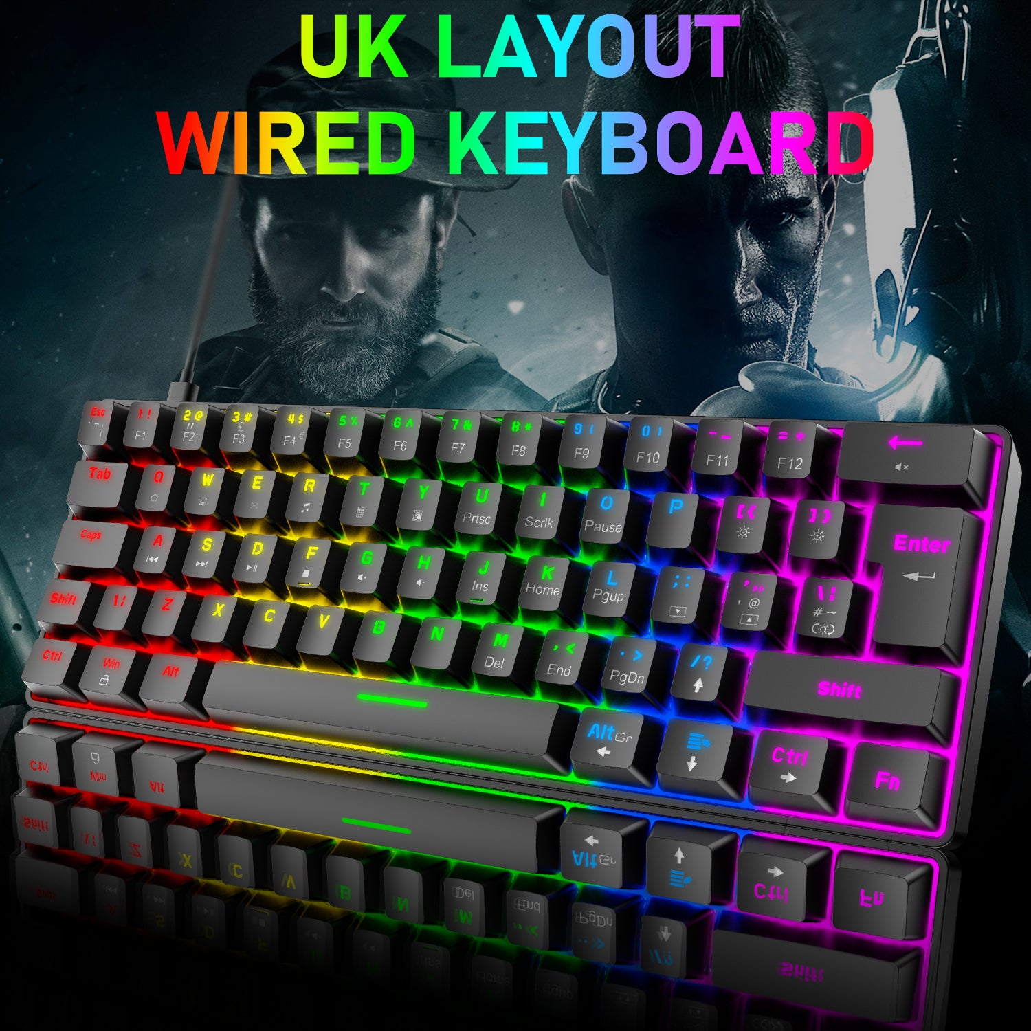 ZIYOU LANG T60 Mini 60% Percent Gaming Mechanical Keyboard UK Layout 19 Rainbow Light Up Compact Keyboard USB-C Cable for PC MAC