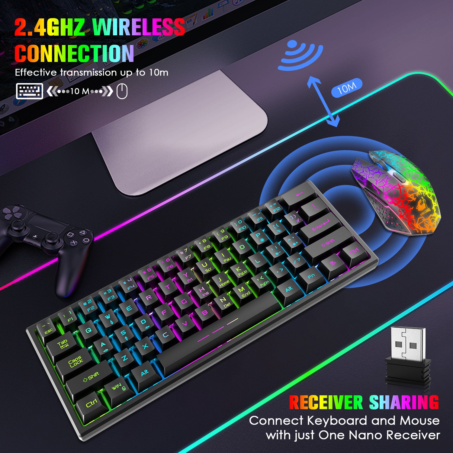 Combinazione mouse e tastiera da gioco wireless, tastiera retroilluminata arcobaleno a 61 tasti con 4000 mAh ricaricabile, sensazione meccanica, mouse e tappetino per mouse ergonomici, silenziosi, RGB muti per PS4, Xbox One, desktop, PC