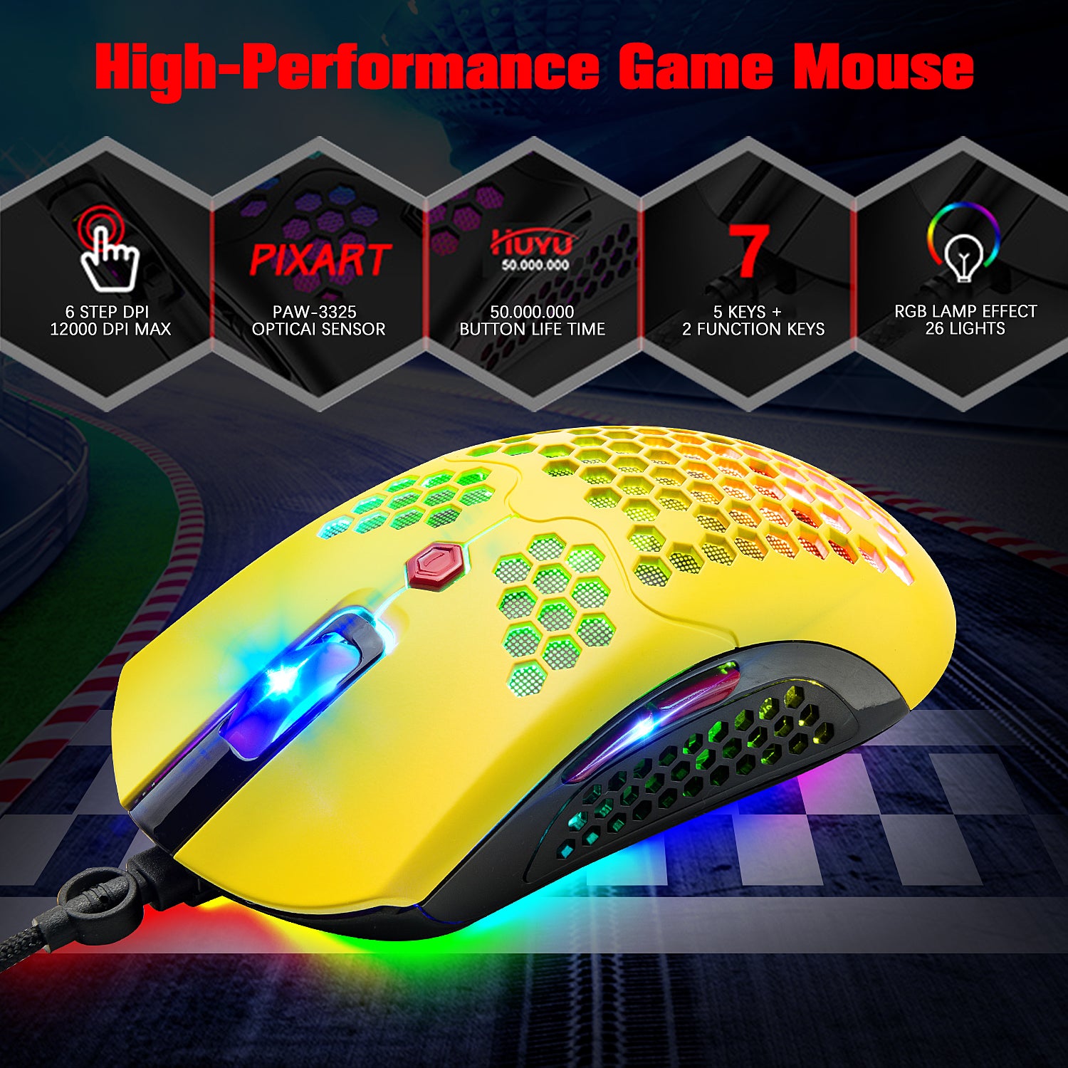Souris de jeu filaire légère, 26 souris rétroéclairées RVB avec pilote programmable à 7 boutons, souris PAW3325 12000 DPI, coque ultralégère en nid d'abeille Ultraweave Cable Mouse pour PC Gamers Xbox PS4 Users (Noir)