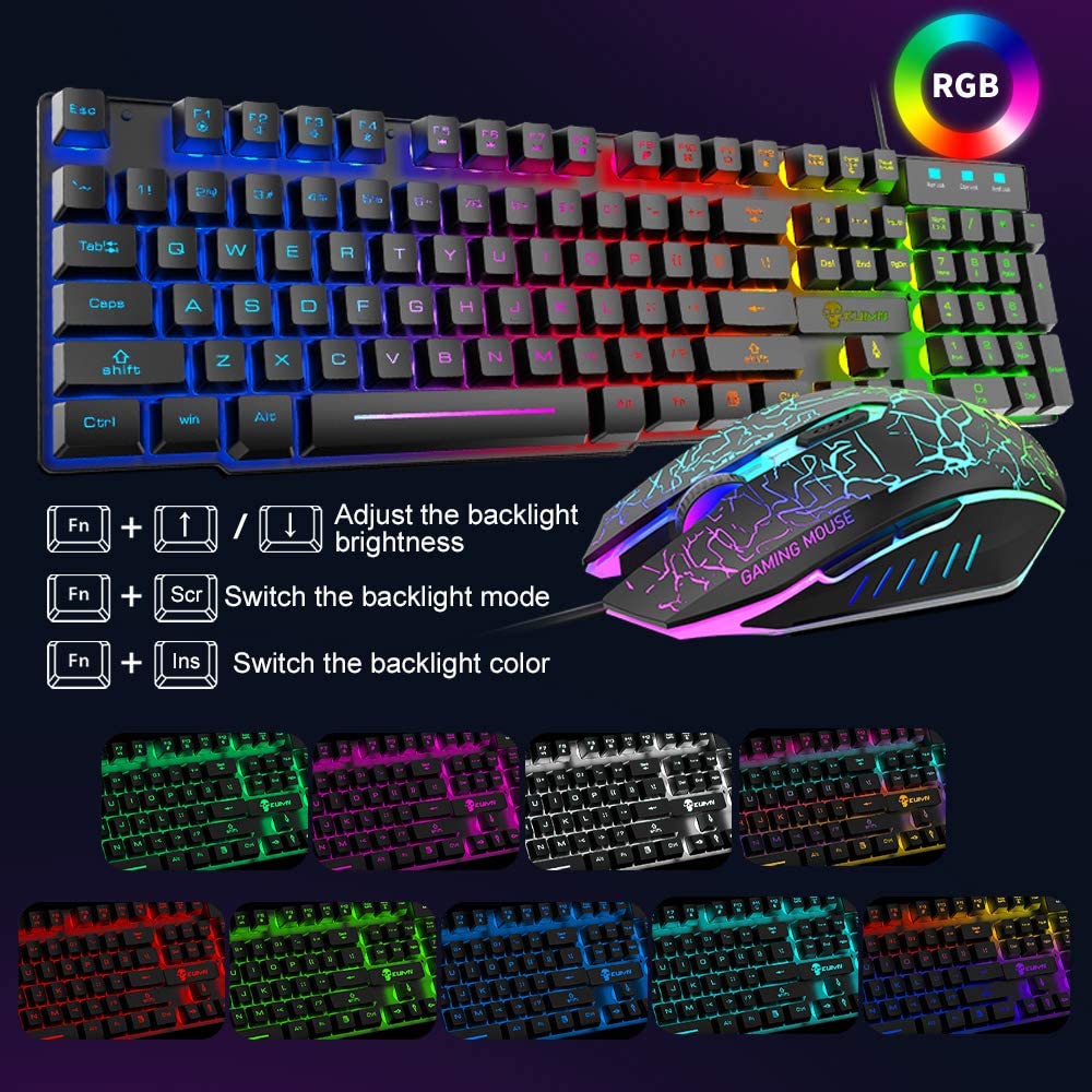 KUIYN T6 Wired Keyboard Mouse Combo 12 Chroma RGB Backlit Mechanical Feel Gaming Keyboard+2400DPI 6 Buttons LED Gaming Mouse+Mouse Pad