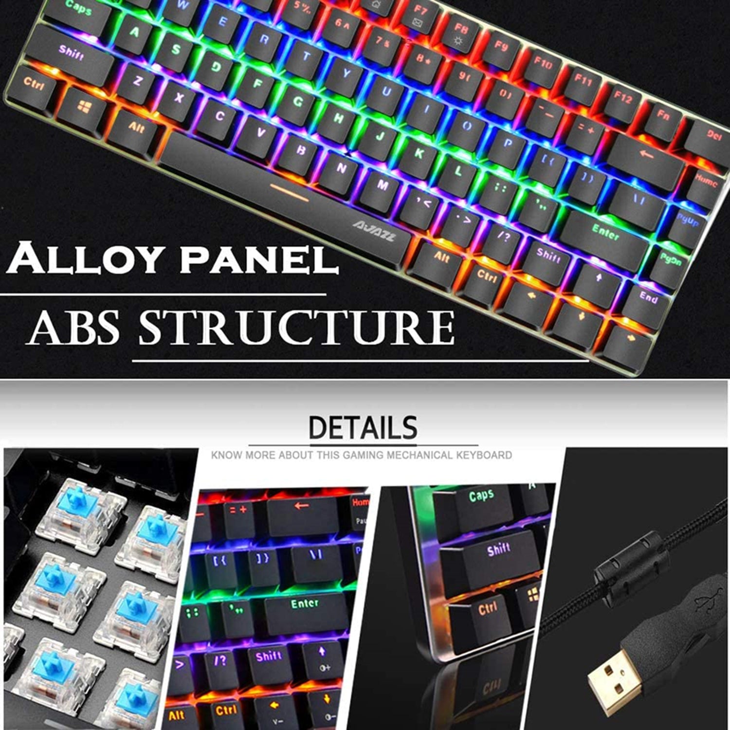 AJAZZ AK33 Gaming Mechanical Keyboard Type-C Computer Keyboard with Rainbow LED Backlit 82keys Anti-ghosting, Blue Switch