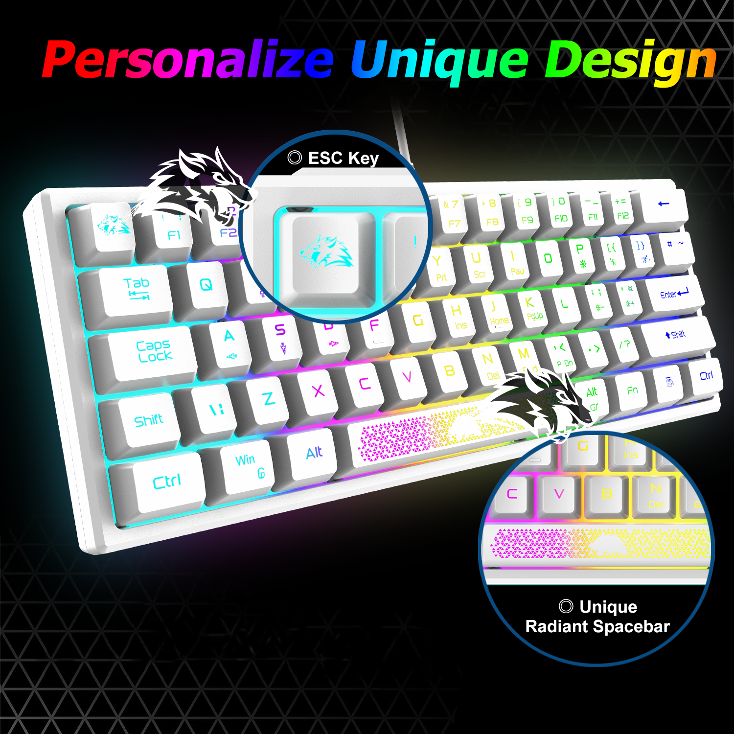 ZIYOU LANG K61 - 60% Compact Gaming Keyboard and Mouse Set UK Layout Ultralight 12000 DPI Breathable LED Honeycomb Shell Mouse