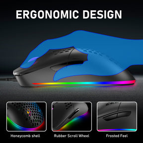 Mouse da gioco cablato leggero, 6 mouse retroilluminato RGB con driver programmabile a 7 pulsanti, mouse per computer 6400 DPI, mouse ultraleggero con cavo Ultraweave a nido d'ape per PC Gamers, Xbox, PS4 (blu)
