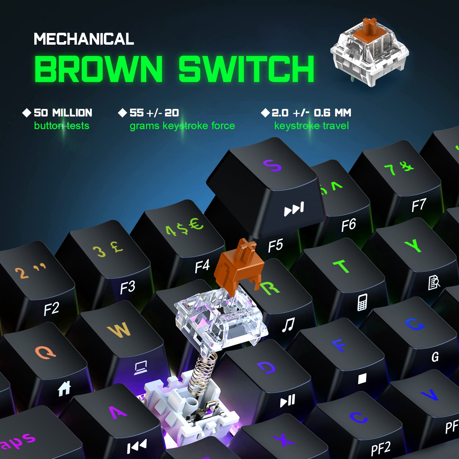 MAGIC-REFINER MK22 Compact 60% Mechanical Gaming Keyboard with all key Anti-ghosting , 61 Key Rainbow RGB Backlit Metal Plate Type-C