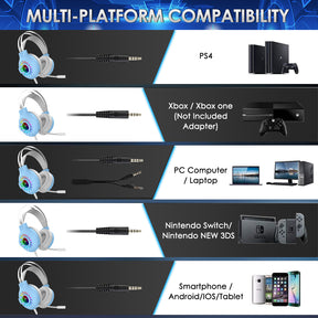 Casque de jeu PS4 Casque de jeu filaire stéréo 3,5 mm, rétroéclairé arc-en-ciel RVB, casque professionnel stéréo surround, microphone antibruit compatible avec PC, PS4, Xbox (noir)