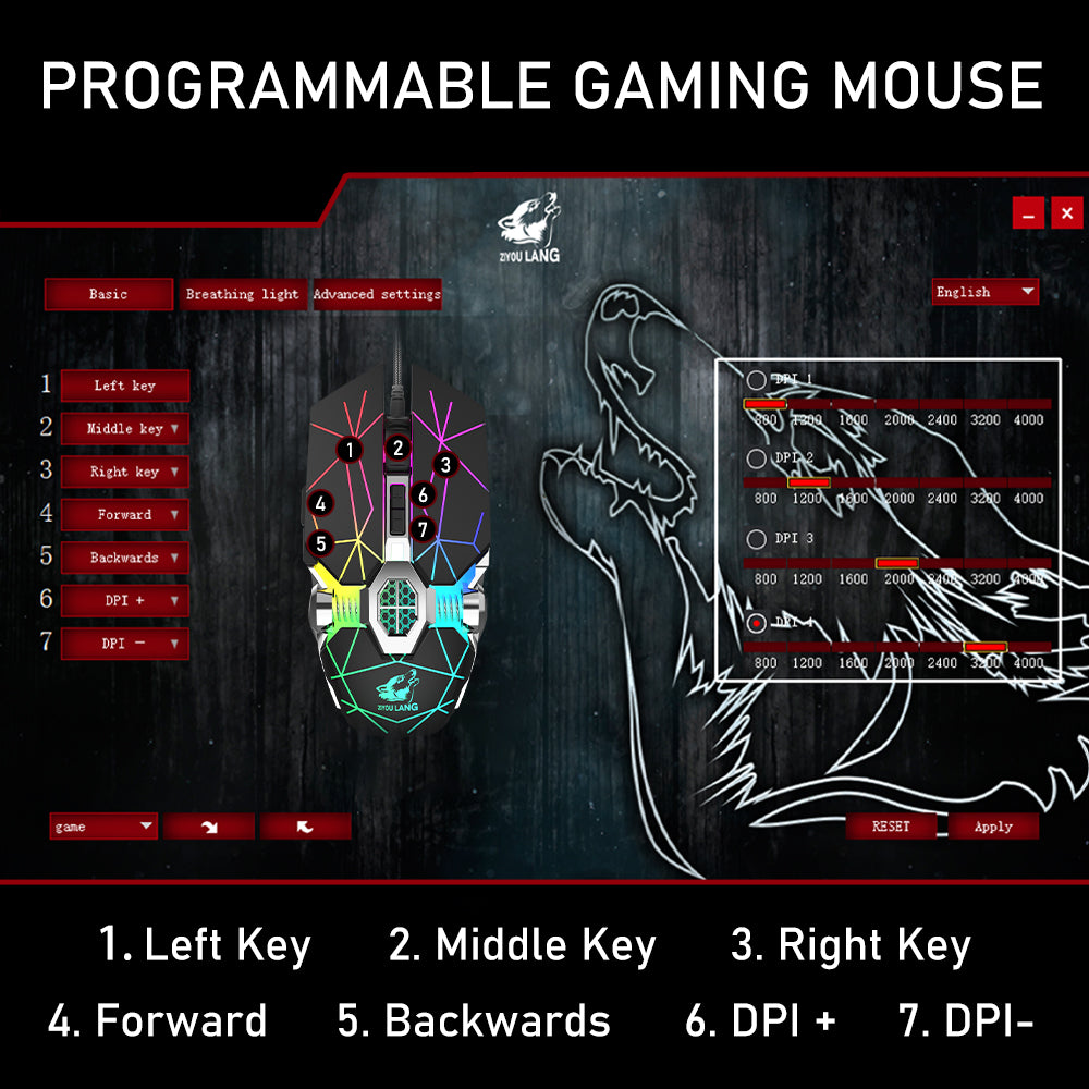 ZIYOU LANG V8 Wired Gaming Mouse, 4000 DPI Ergonomic PC Gaming Mice with Rainbow Breathing Backlit and 7 Programmable Buttons