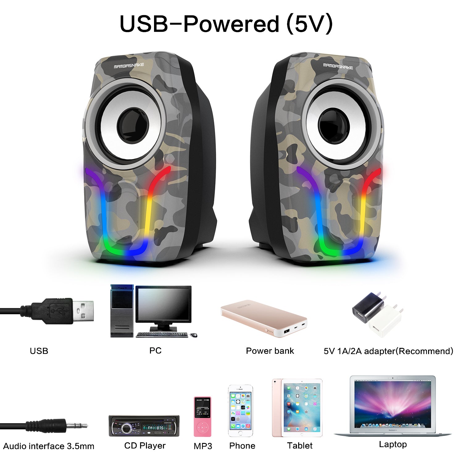 Computerlautsprecher, 2.0-Stereo-Lautstärkeregler, Gaming-Lautsprecher mit Surround-Sound, 6 RGB-LED-Hintergrundbeleuchtungseffekt, USB-betriebene, kabelgebundene Laptop-Lautsprecher mit 3,5 mm für Desktop-Computer/PC/Laptops (Weiß)