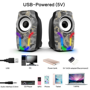 Computerlautsprecher, 2.0-Stereo-Lautstärkeregler, Gaming-Lautsprecher mit Surround-Sound, 6 RGB-LED-Hintergrundbeleuchtungseffekt, USB-betriebene, kabelgebundene Laptop-Lautsprecher mit 3,5 mm für Desktop-Computer/PC/Laptops (Weiß)
