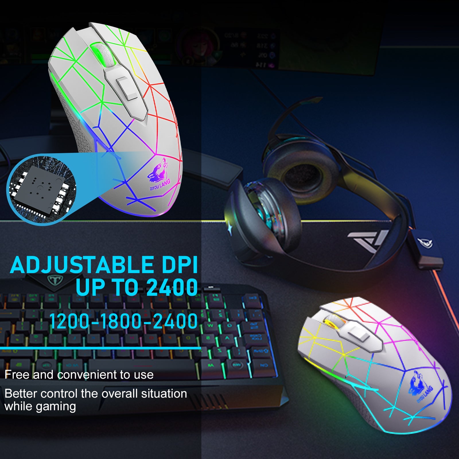ZIYOU LANG Wireless Gaming Mouse with 2.4Ghz USB Receiver RGB Backlight Adjustable DPI Silent Rechargeable Ergonomic 7 Button