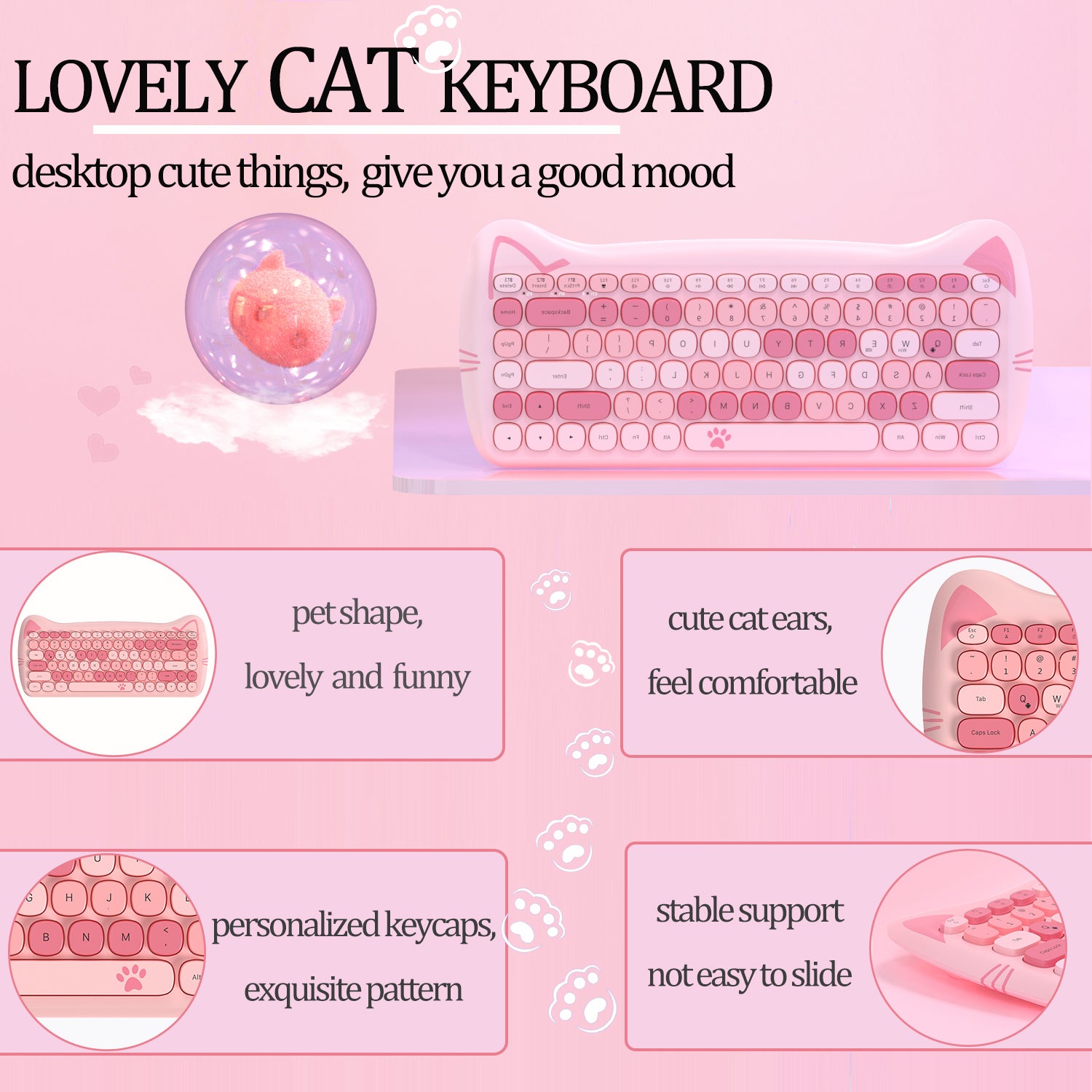 AJAZZ 3060i Wireless Cute Computer Keyboard Lovely Cat Silent Office Bluetooth Keyboard Retro Round Matte Texture Keycap for iPad Laptop