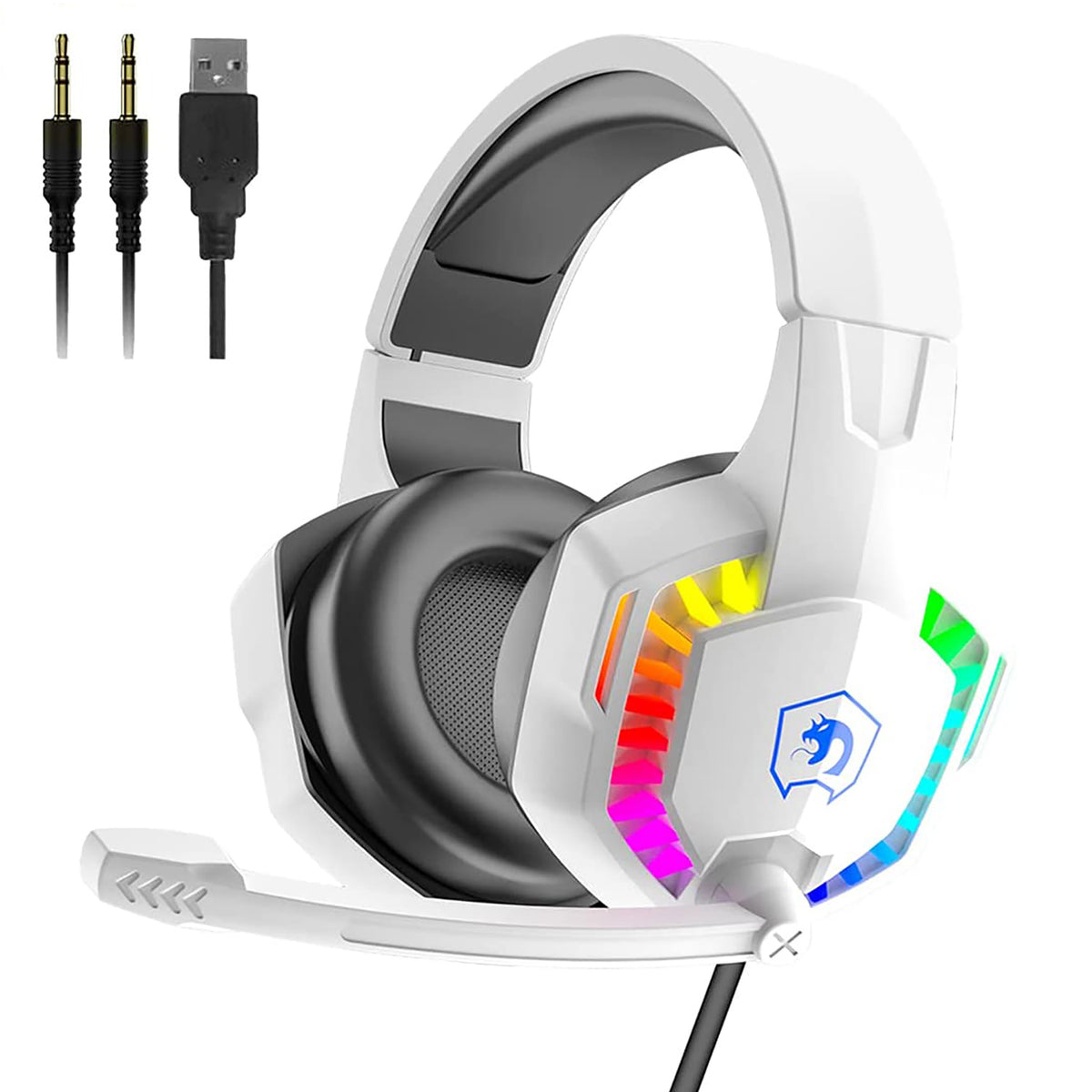 Casque de jeu filaire, casque antibruit sur l'oreille avec microphone pour manette PS4 PC Xbox One PS5, rétroéclairage LED arc-en-ciel, basses surround, cache-oreilles à mémoire douce pour ordinateur portable Mac jeux (blanc)