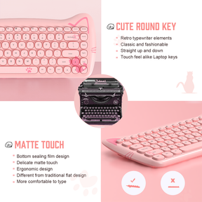 AJAZZ A3060 - 65 percent Cute Cat Wireless Keyboard and Mouse Set Retro Typewriter Cordless Aesthetic Mouse, for Mac Laptop PC