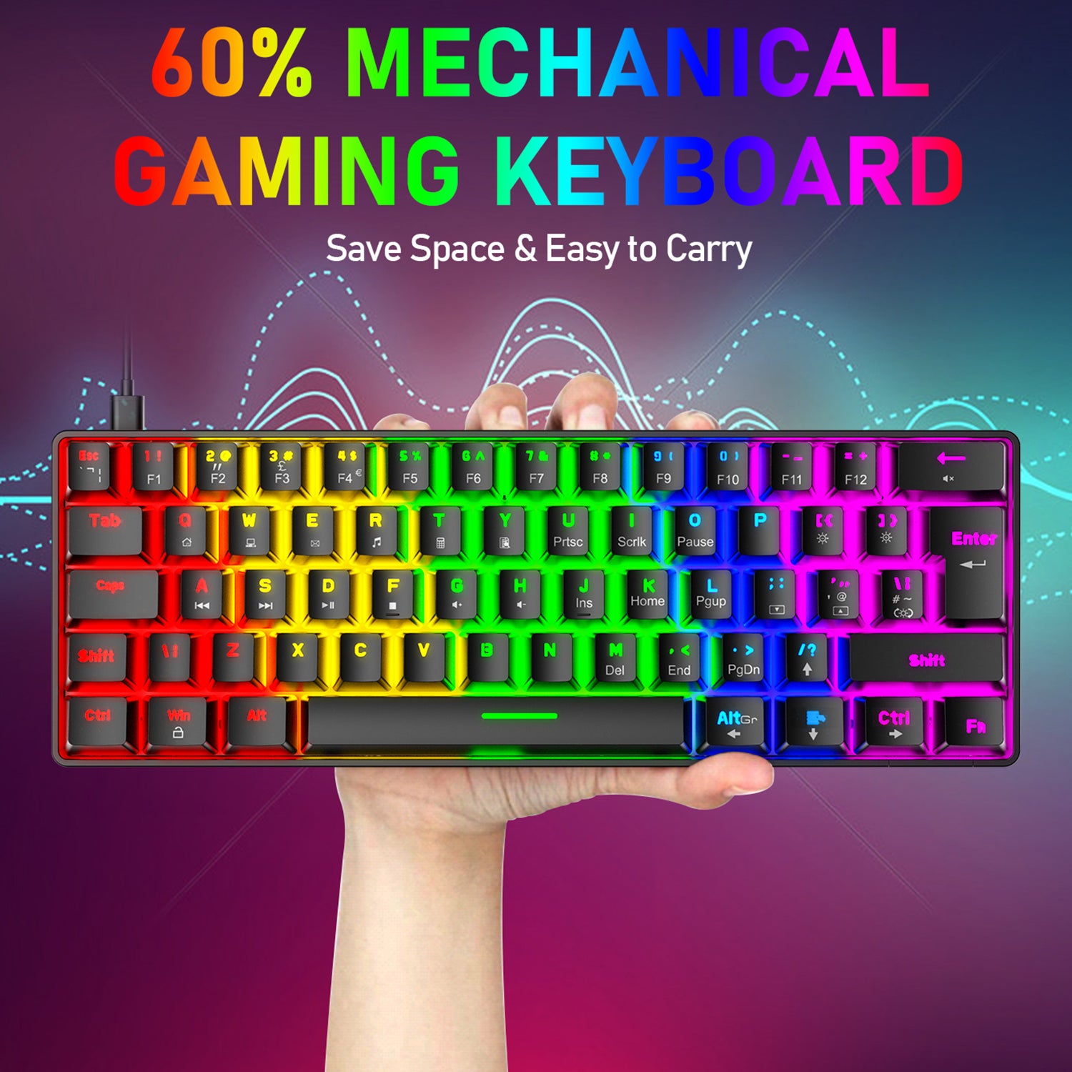 ZIYOU LANG T60 Mini 60% Percent Gaming Mechanical Keyboard UK Layout 19 Rainbow Light Up Compact Keyboard USB-C Cable for PC MAC