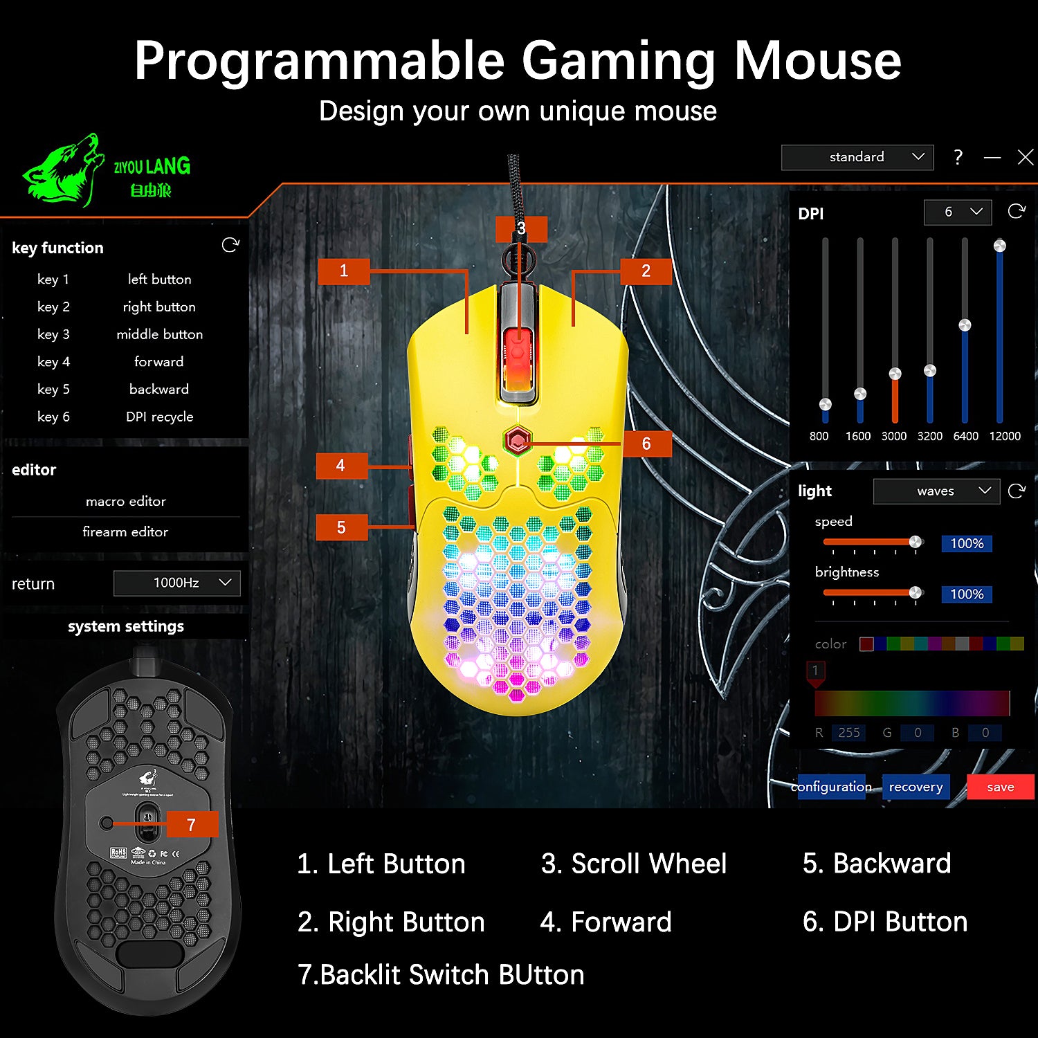 有線軽量ゲーミングマウス、7ボタンのプログラム可能なドライバーを備えた26 RGBバックライト付きマウス、PAW3325 12000DPIマウス、PCゲーマー向けの超軽量ハニカムシェル超織りケーブルマウスXbox PS4ユーザー（黒）