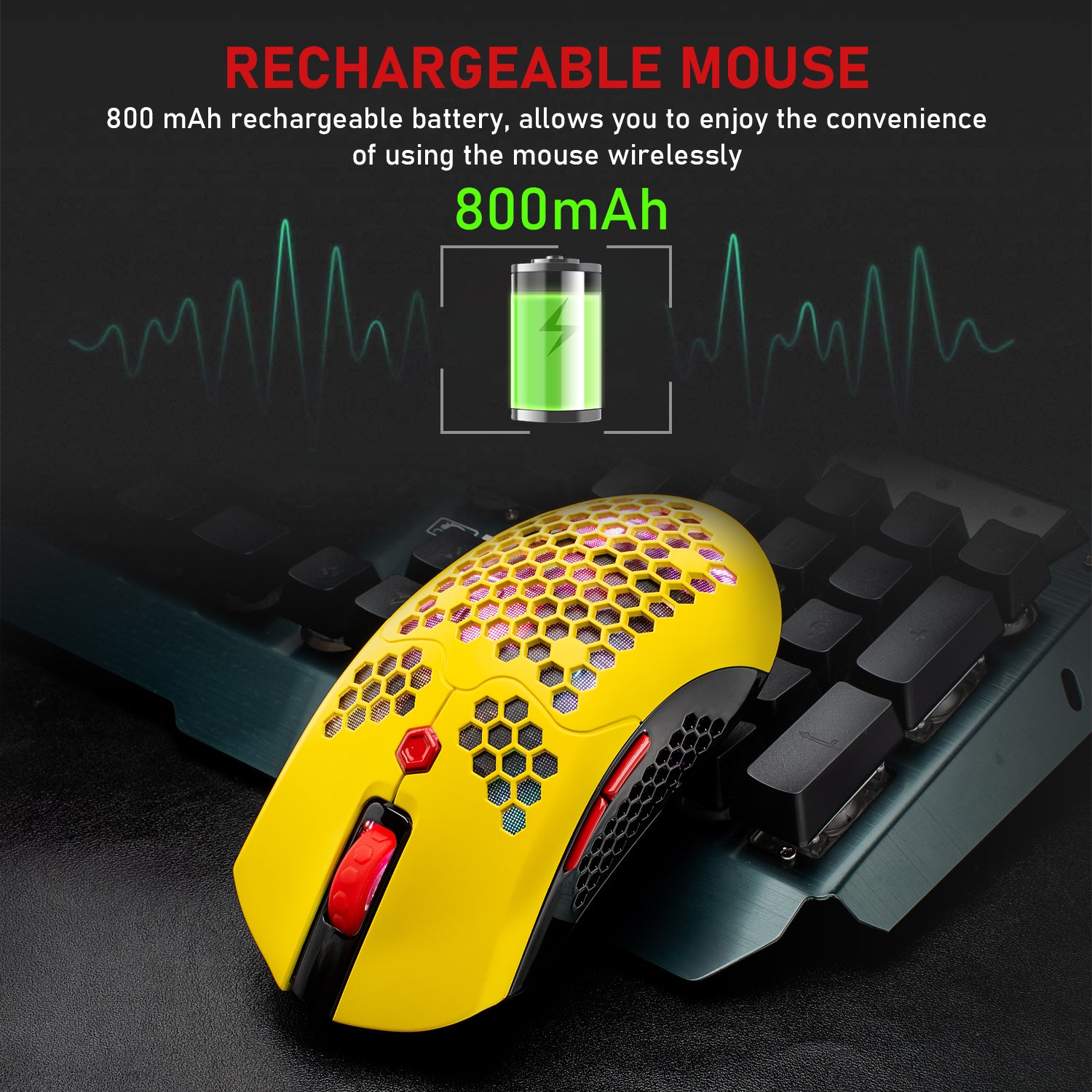 Mouse da gioco wireless, 16 mouse wireless/cablati ultraleggeri retroilluminati RGB con driver programmabile, batteria ricaricabile da 800 mA, Pixart 3325 12000 DPI, guscio a nido d'ape leggero per PC Gamer