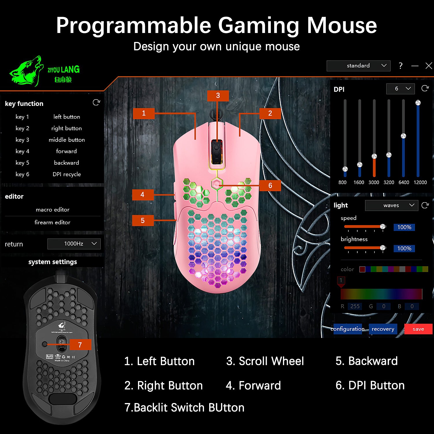Ratón ligero para juegos con cable, 26 ratones retroiluminados RGB con controlador programable de 7 botones, ratón PAW3325 12000DPI, ratón ultraligero con cable Ultraweave para jugadores de PC, usuarios de Xbox PS4 (negro)