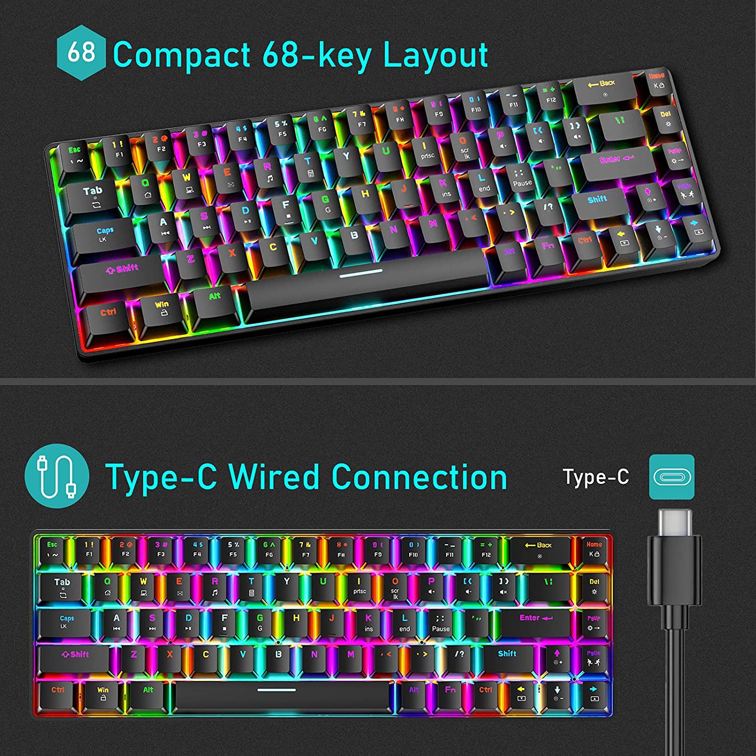 ZIYOU LANG T8 60% Mechanical Mini Gaming Keyboard Compact Type C Wired 68 Keys LED Backlit USB Waterproof Keyboard 18 Chroma RGB