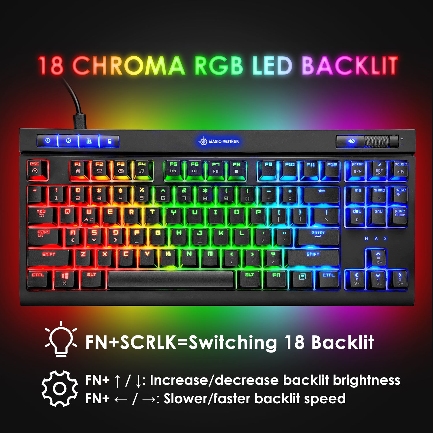 MAGIC-REFINER MK17 87 Key RGB Mechanical Gaming Keyboard, 18  RGB LED Backlit, Multimedia Digital Volume Wheel, full Keys All-ghosting-Blue Switches