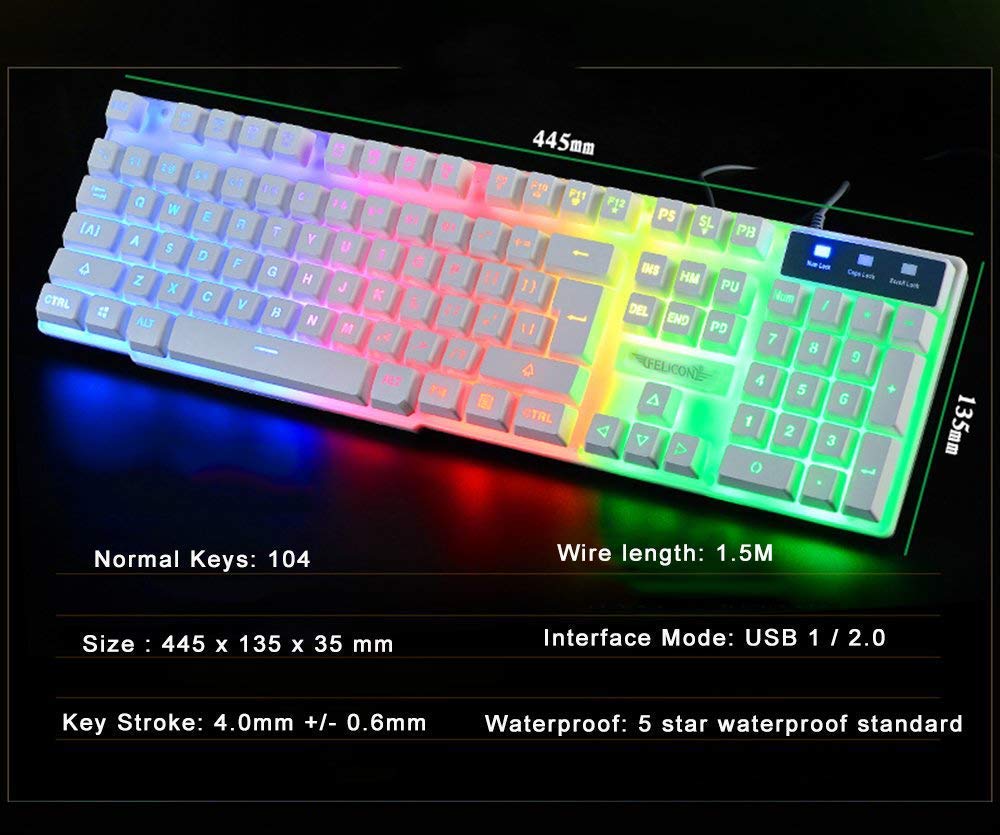 FELiCON T6 UK Layout Gaming Keyboard and Mouse Sets Rainbow Backlit Usb Gaming Keyboard  2400DPI 6 Buttons Optical  Gaming Mouse